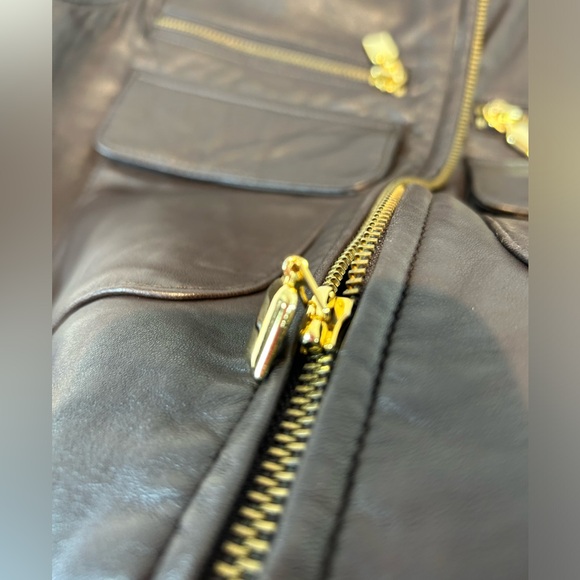 Preston & York Sz S Belted Brown Leather Biker Vest Jacket Gold hardware Zip - Picture 8 of 15